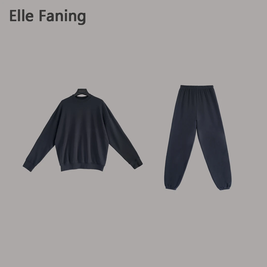 芒果优选-深蓝拂光纯色卫衣套装宽松