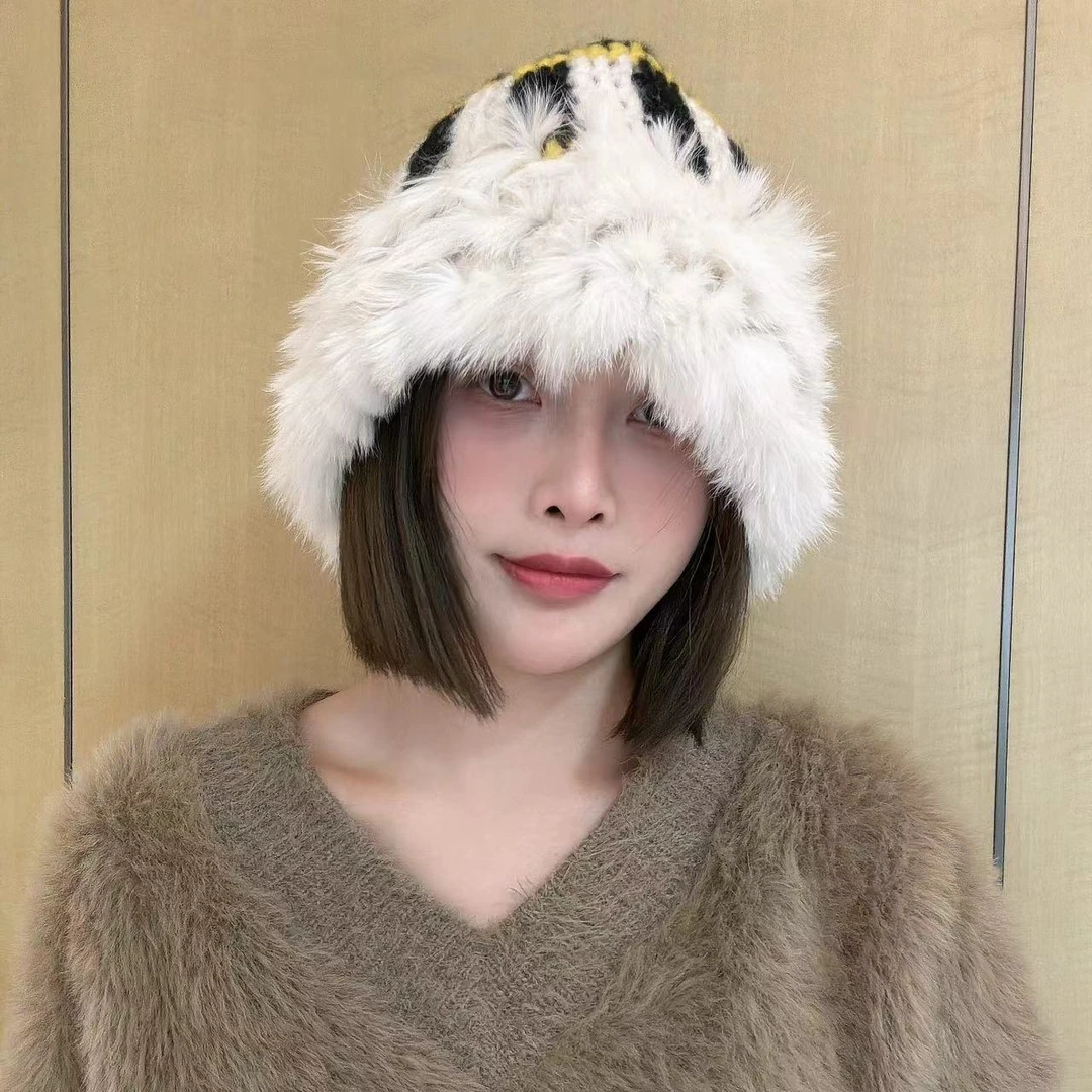 新款百搭兔毛毛线渔夫帽 冬季保暖防寒针织帽显脸小护耳帽