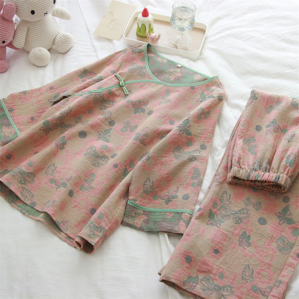 古风优雅中国风盘扣 文艺复古夏天纱布女士9分袖睡衣套装 可外穿