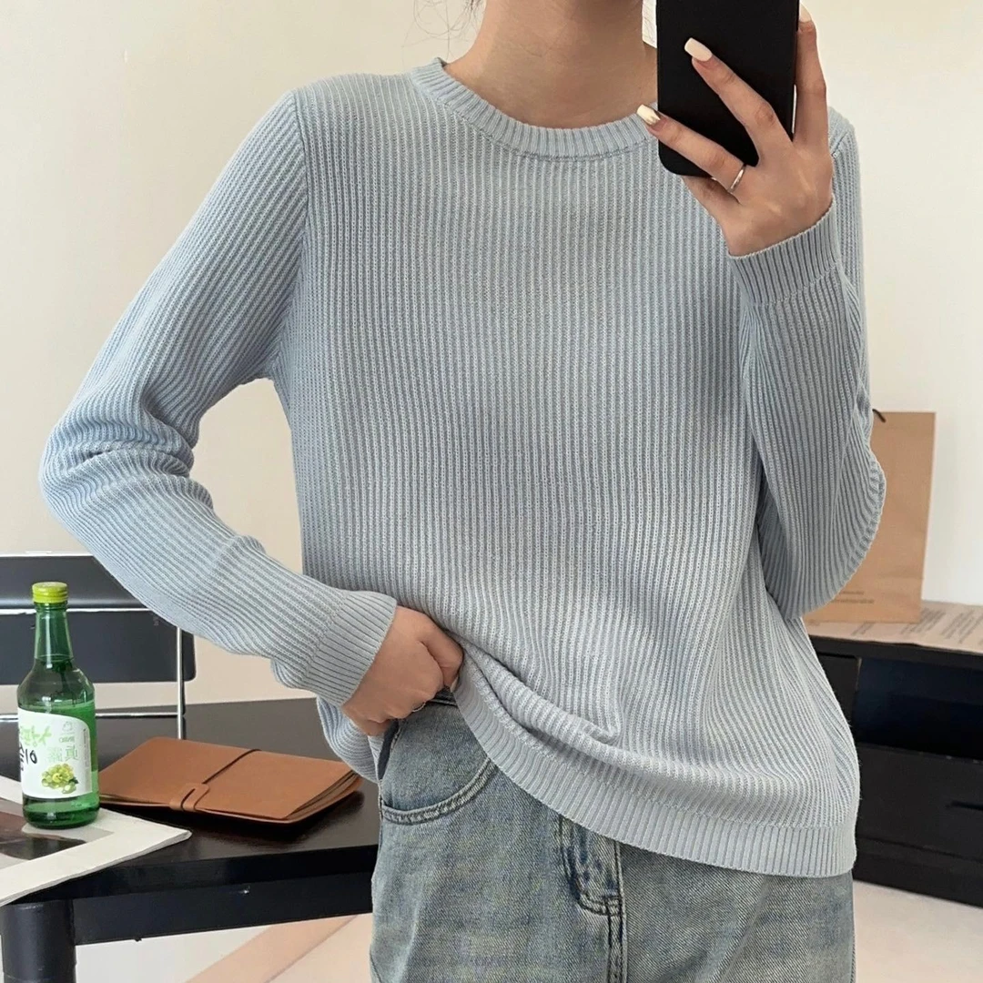 韩版简约圆领针织衫女套头 柔软亲肤百搭上衣打底衫春秋款长袖