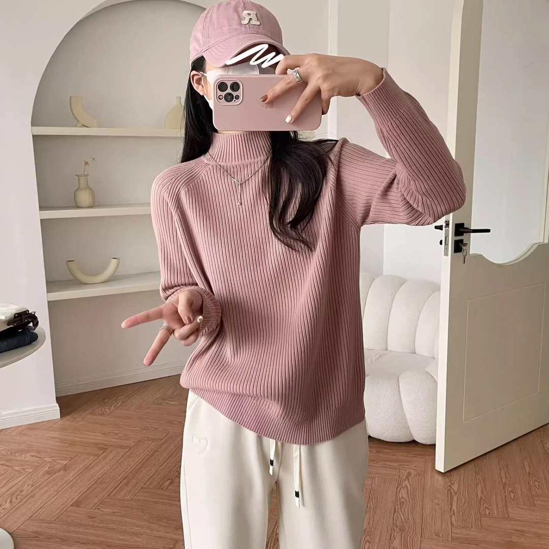 新款百搭冬季竖坑条显瘦半高领插肩袖针织衫宽松内搭打底衫毛衣女