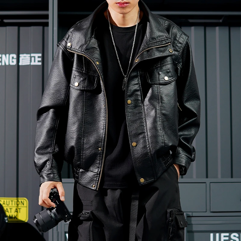 彦正秋季新款复古痞帅PU机车皮衣男短款高级感飞行员潮流夹克外套