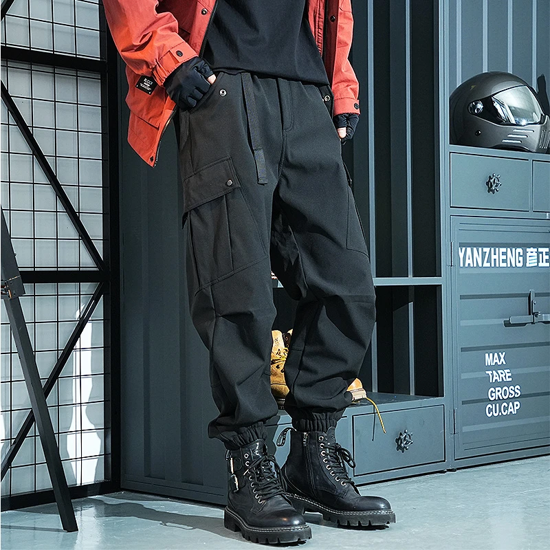 彦正春季新款工装裤男士春秋百搭宽松机能风多口袋束脚黑色休闲裤