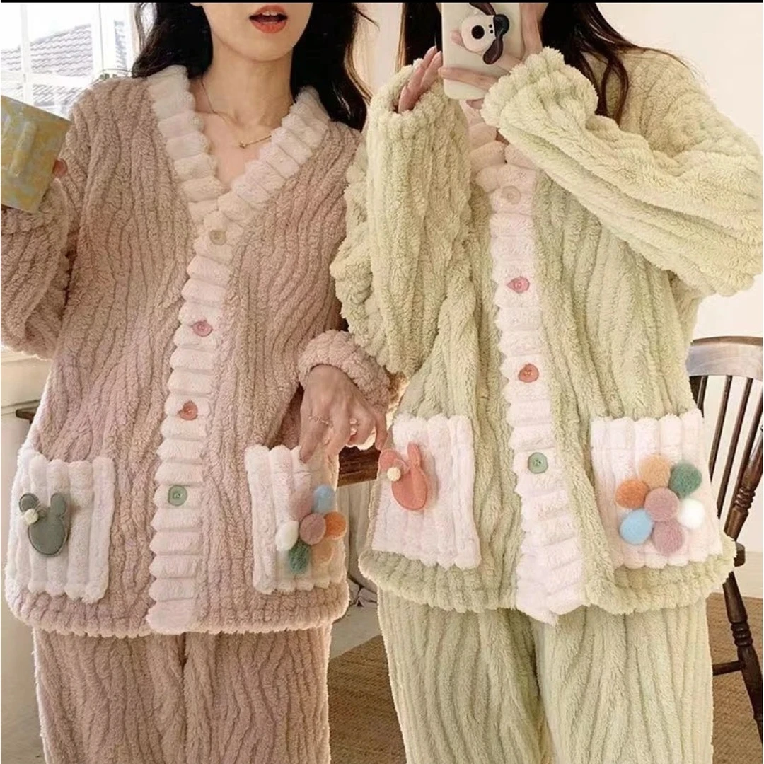 加厚彩虹开衫两件套睡衣女可爱慵懒风家居服加绒套装