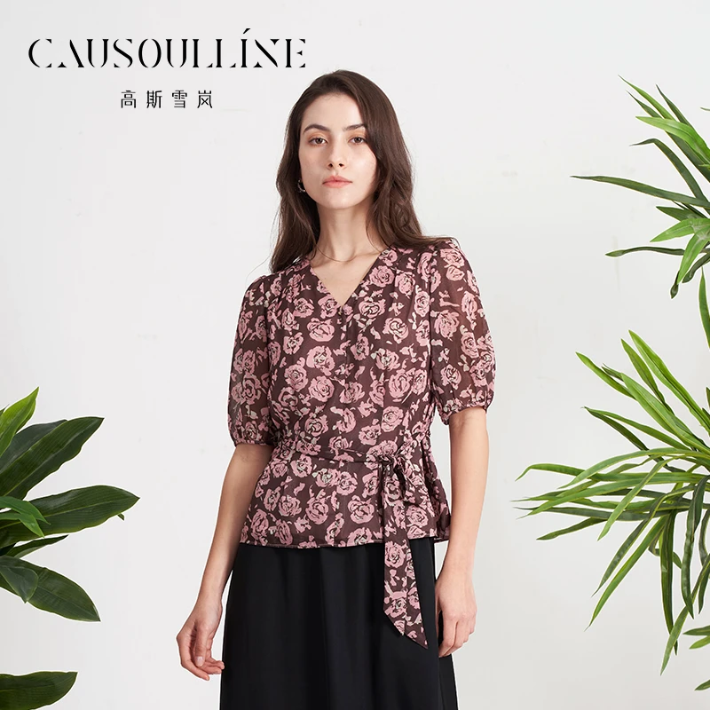 高斯雪岚【夏季新品】碎花气质休闲V领衬衫24219581