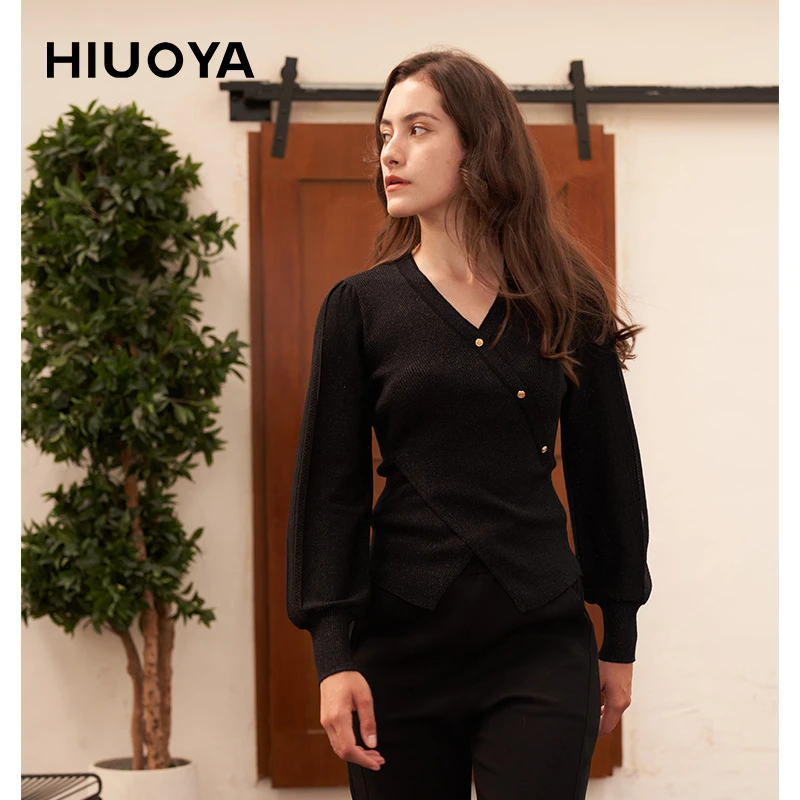 HIUOYA【秋装活动】显瘦黑色长袖高腰V领针织衫上衣女 24370023