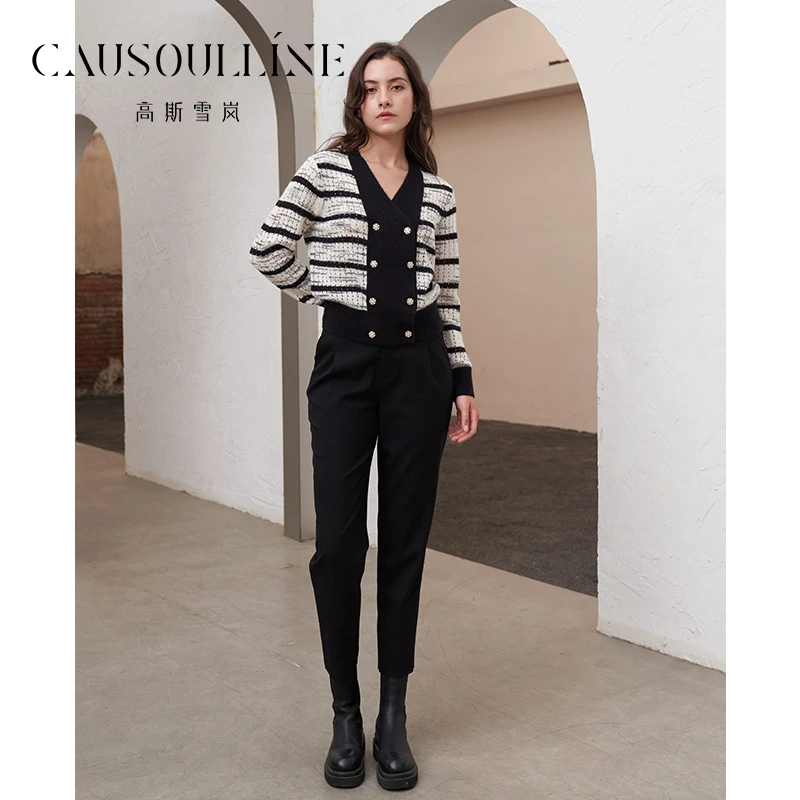 高斯雪岚【秋装活动】休闲针织衫V领套头衫横条纹上衣女24313353