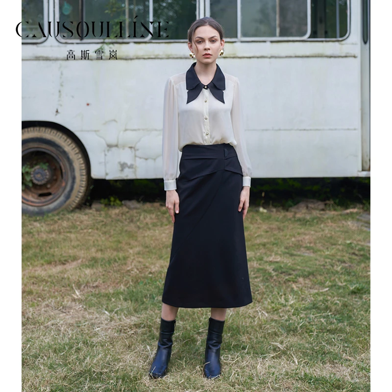 高斯雪岚【春装上新】显瘦长袖衬衫纯色修身百搭上衣24111011