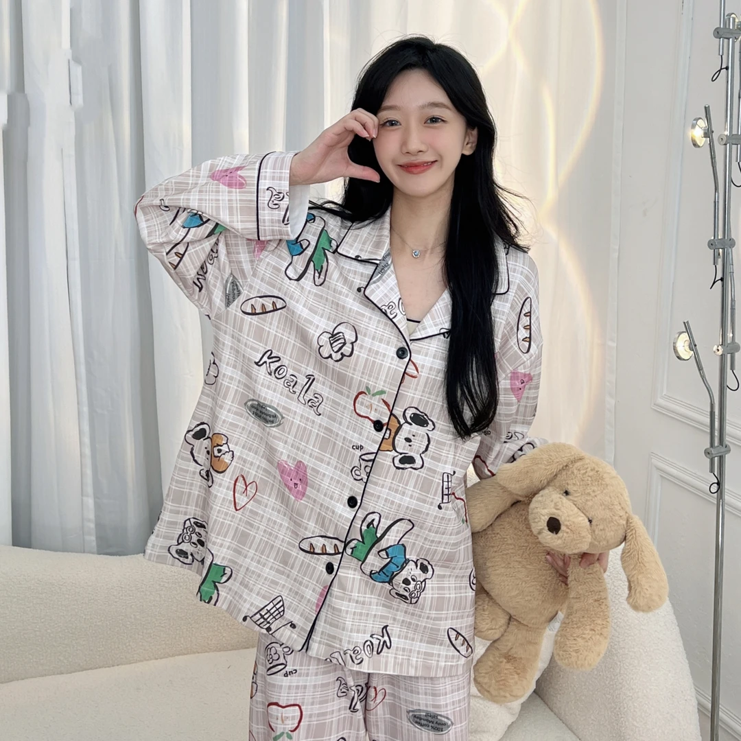 卡通布袋熊睡衣套装女春秋情侣学生可外穿长袖翻领家居服两件套潮