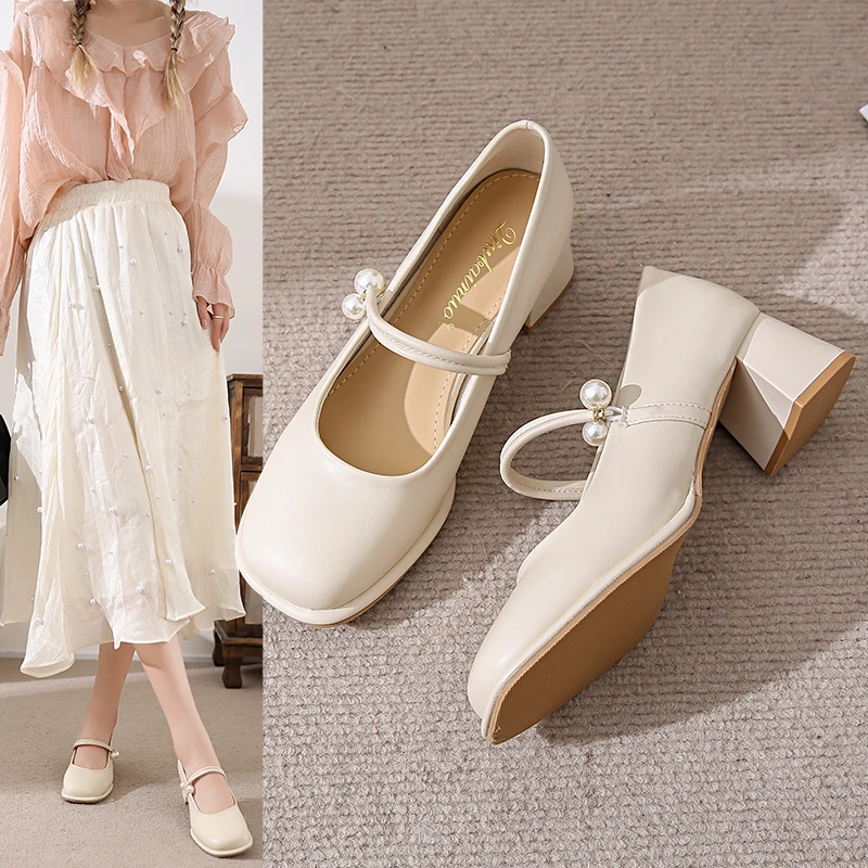 法式玛丽珍鞋女2025年春夏新款百搭浅口高跟鞋白色粗跟气质女单鞋