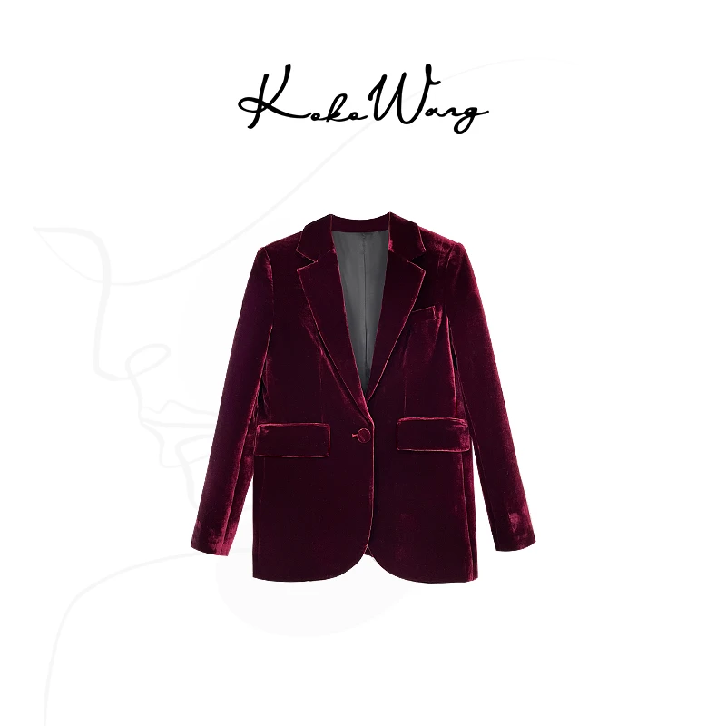 KOKO WANG100%桑蚕丝修身显瘦高级百搭丝绒西装外套130684A05W50