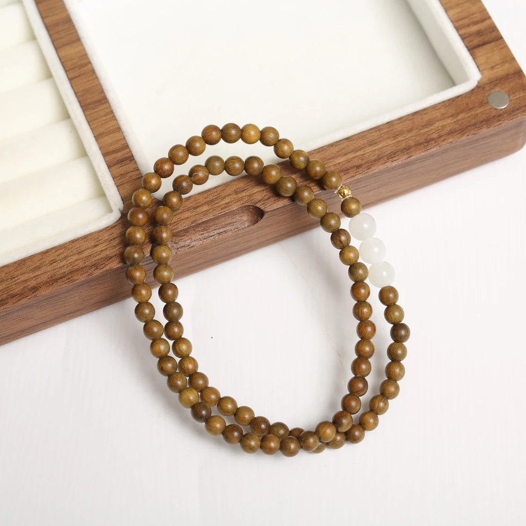 【云边】白玉18k金配饰绿檀多圈手串（多样性发货）