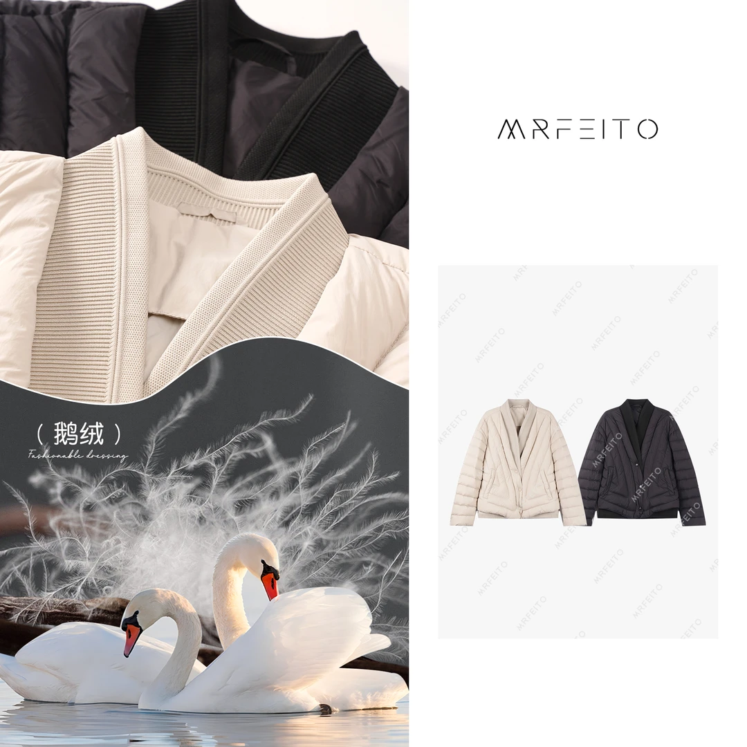 MRFEITO【发热纸片人】格纹拼接V领针织边女士羽绒服H261YR01D29825