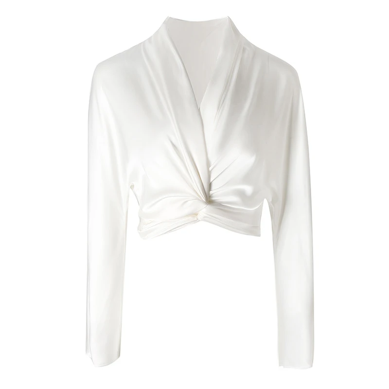 丝滑垂感珍珠白醋酸缎面长袖衬衣腰部扭结绑带优雅女人味衬衫#602