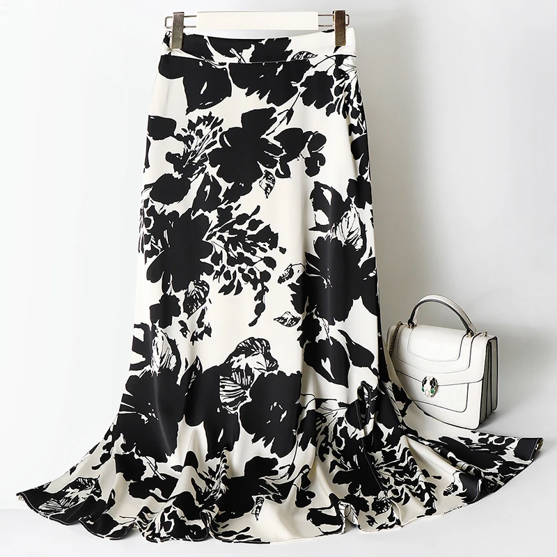 高端水墨画印花真丝优雅半身裙高腰显瘦垂感中长款a字裙新款#456