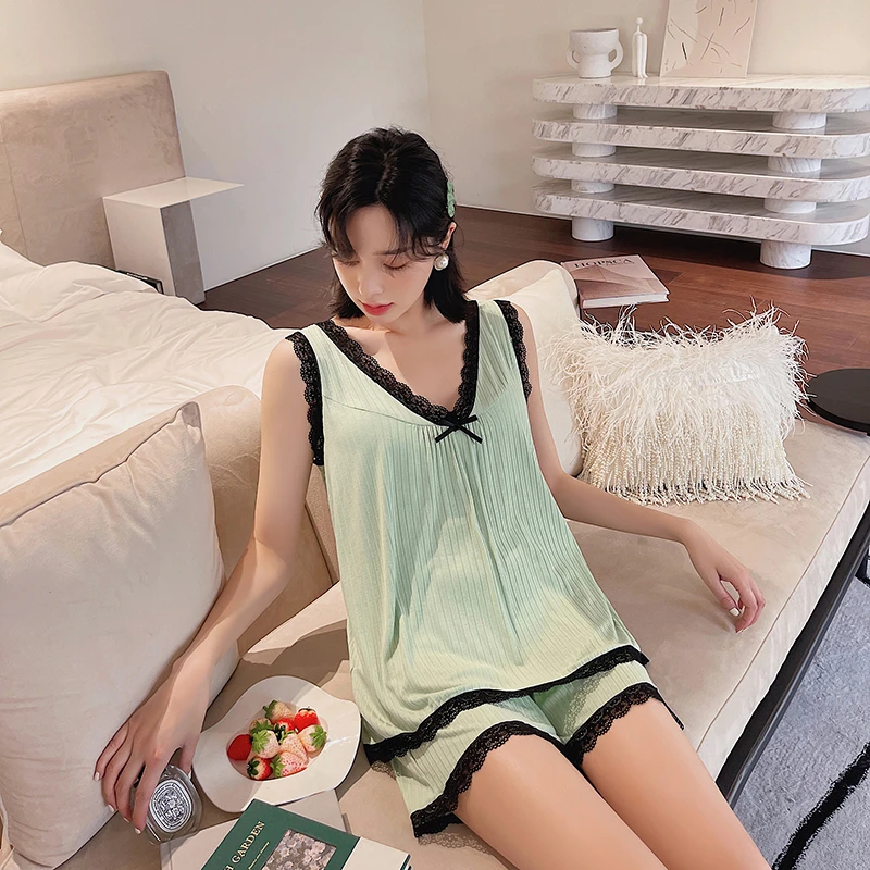 新款夏季女士短袖套装薄款韩版V领蕾丝花边可外穿家居服16353
