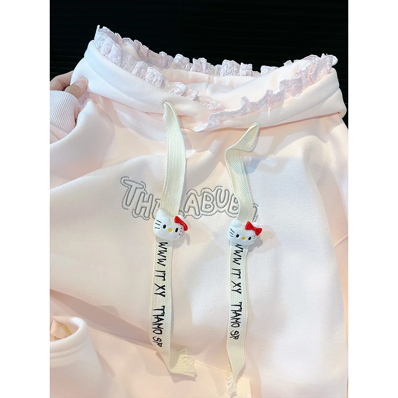 连帽立体卡通加绒卫衣女秋冬款oversize初中学生减龄花边拼接外套