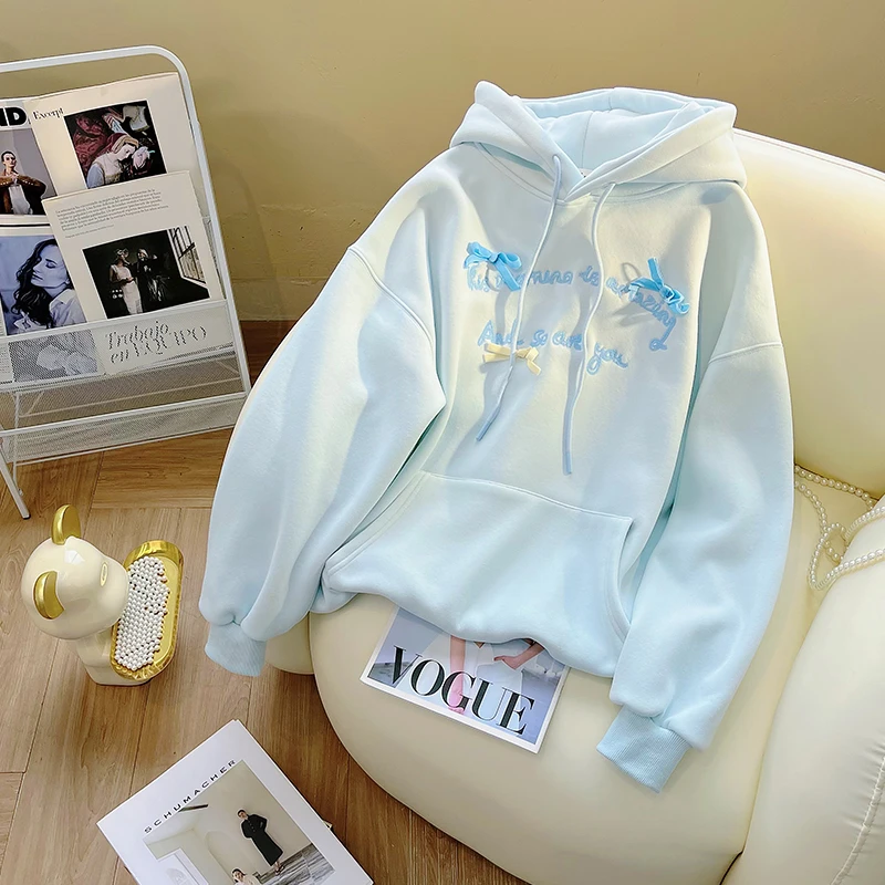 奶蓝色小众字母刺绣卫衣女秋冬oversize加绒连帽慵懒风加厚外套潮