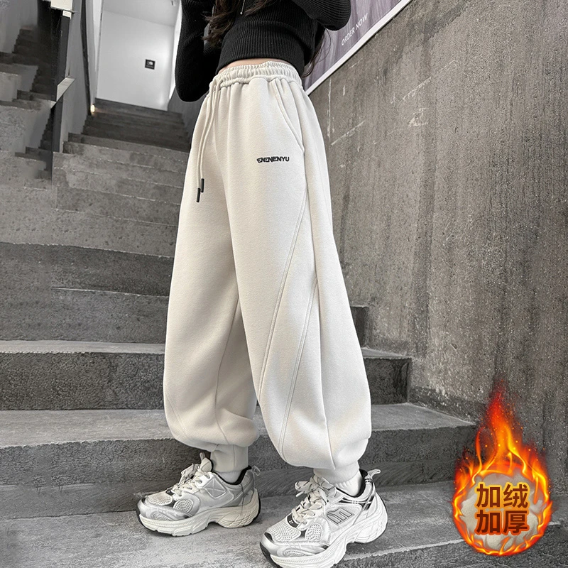 女童休闲裤秋冬2024新款中大童宽松百搭运动裤卫裤加绒束脚裤子潮