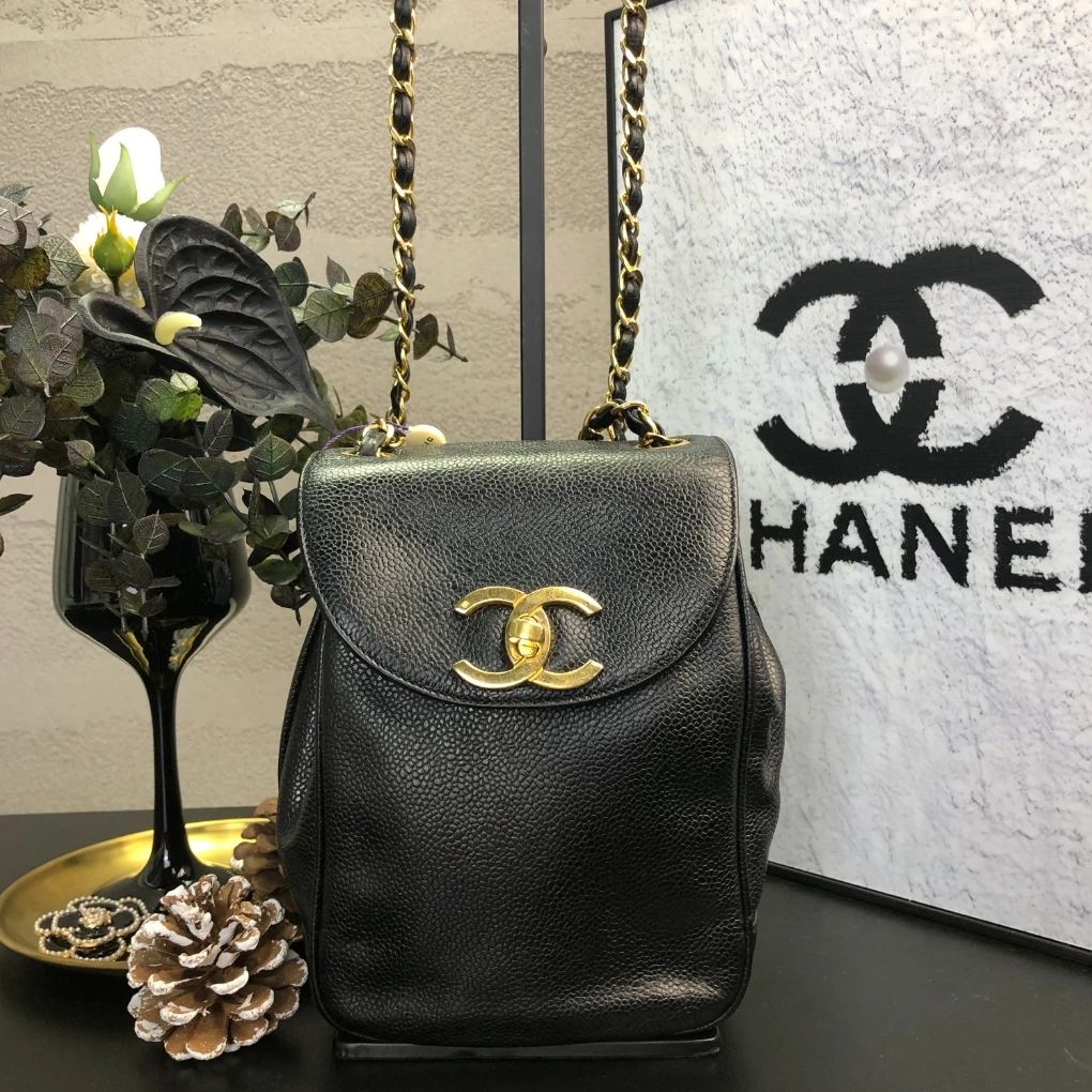 95新 Chanel/香奈儿 黑金大金扣鱼子酱链条包 3开带卡底长14