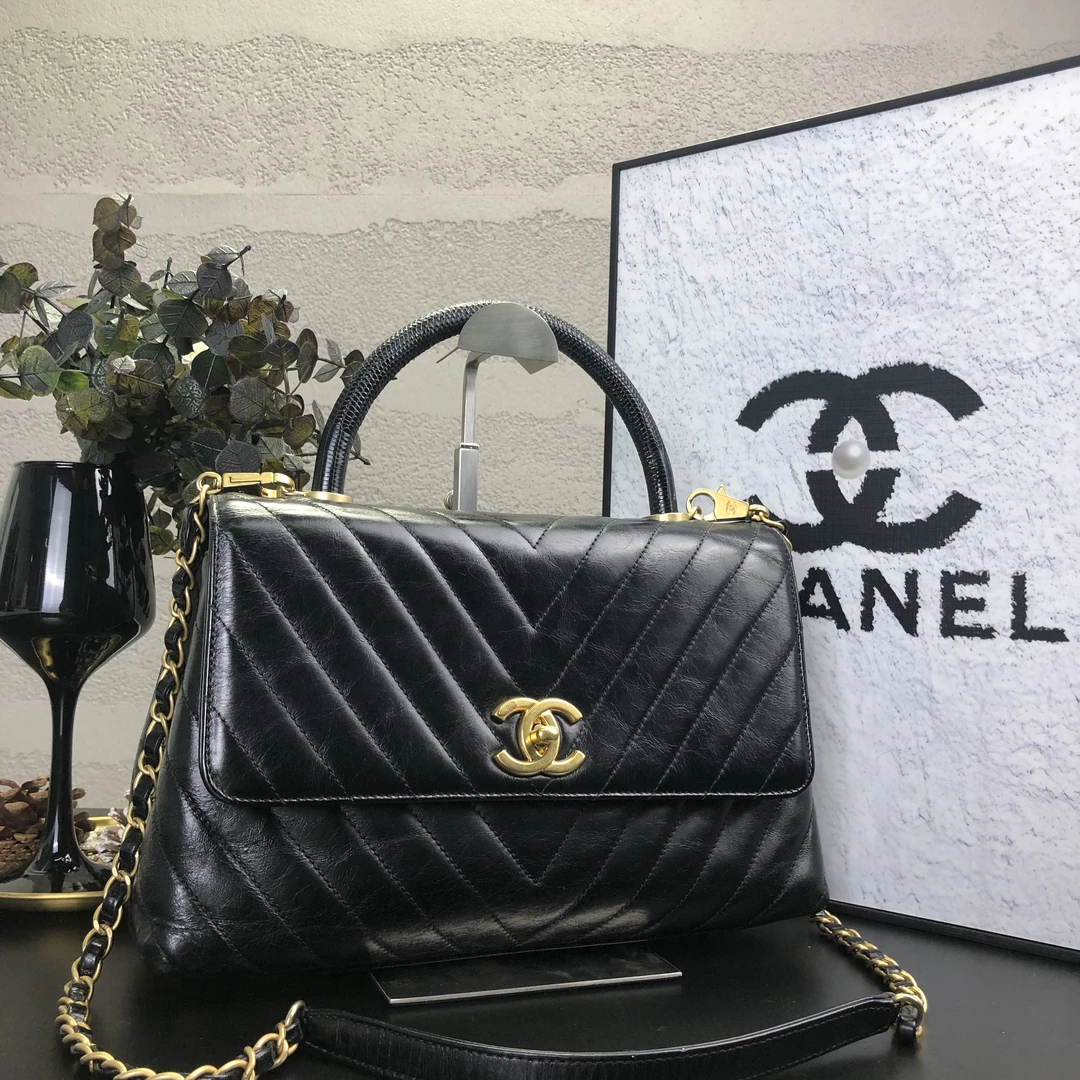95新 Chanel/香奈儿 V纹油蜡黑金cocohandle手提链条包25开底长28