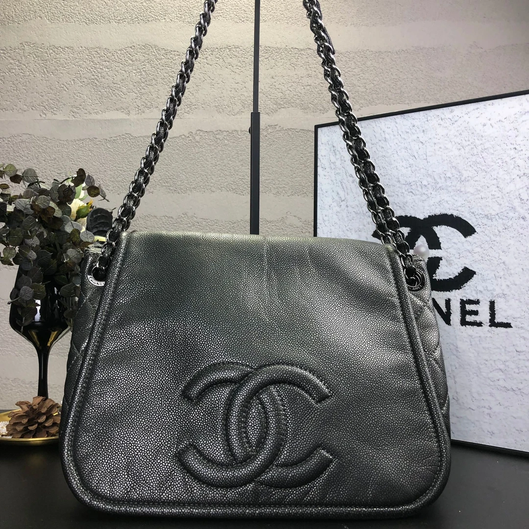 95新 Chanel/香奈儿 炭灰色荔枝牛南瓜剧场单肩包  14开带尘底36