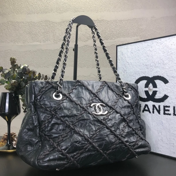 95新 Chanel/香奈儿 黑银编织外缝线手提托特 底长35 15开