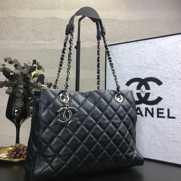 95新 Chanel/香奈儿 黑银菱格纹托特单肩包 底长30 19开带子包