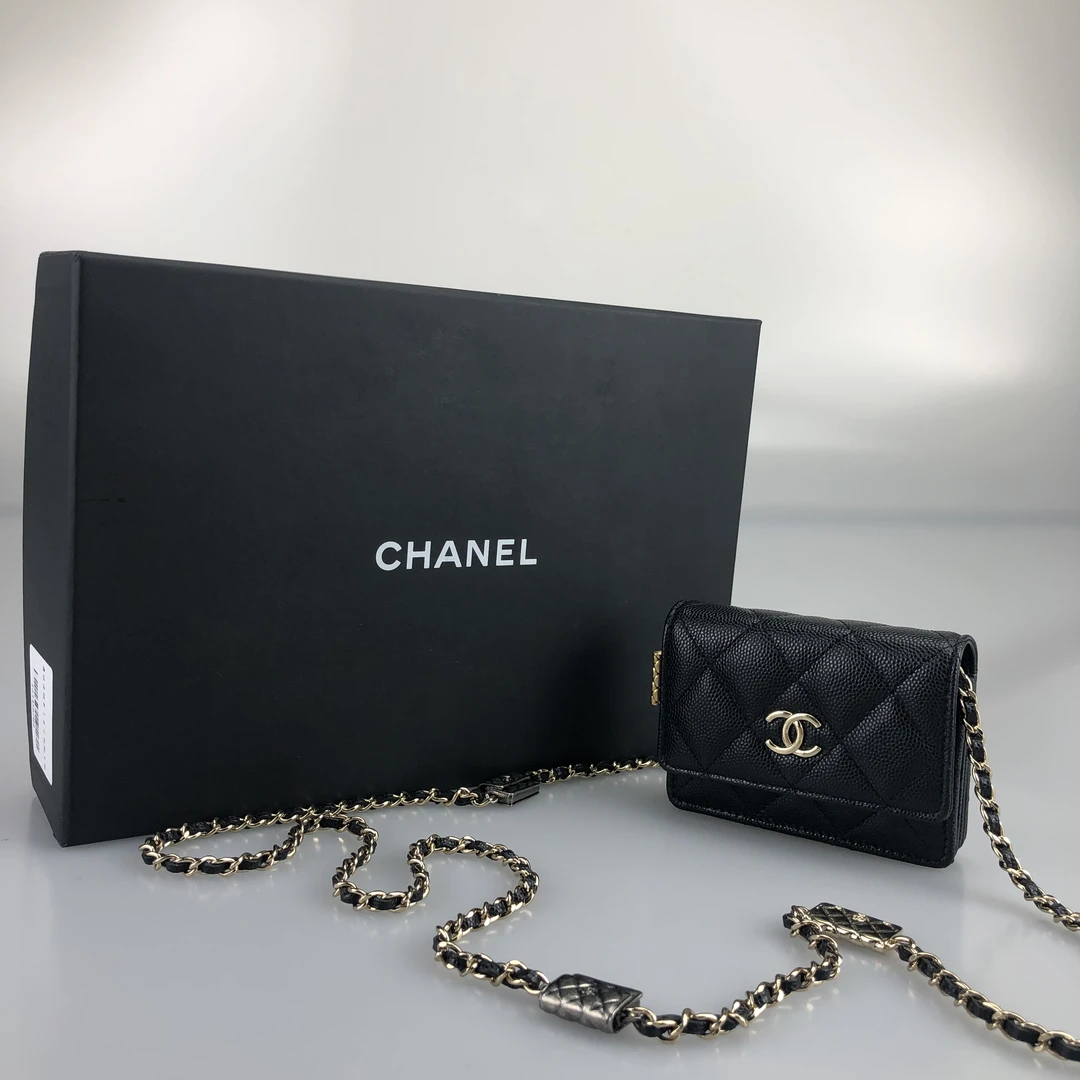 95新 Chanel/香奈儿 黑金21k风琴链条小卡包 芯片开带盒 底长10