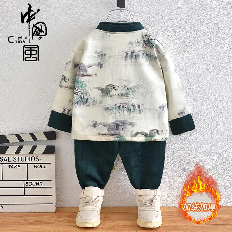 男童加绒汉服套装古风新款秋冬款中式改良唐装中小儿童套装冬装潮