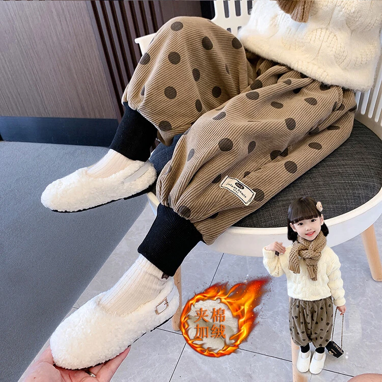 儿童加绒灯笼裤冬女童韩版一体绒圆点休闲裤哈伦裤宝宝加厚裤子潮
