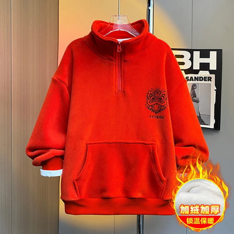 男童秋冬加绒加厚卫衣拜年服2024新款中大童洋气加厚保暖冬装卫衣