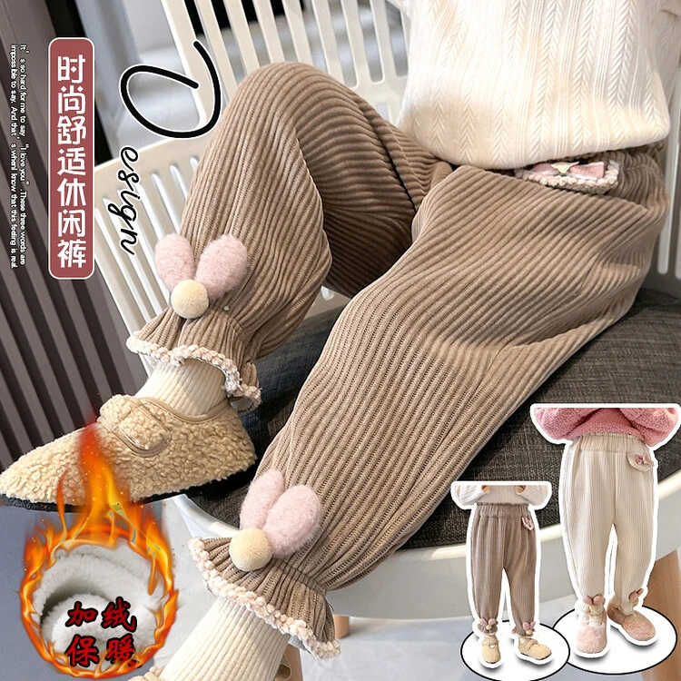 女童秋冬季加绒松紧腰裤子中小童2023新款时尚保暖一体绒休闲裤潮