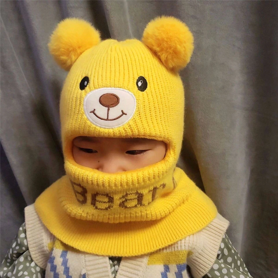 2023秋冬儿童一体帽连体帽加绒防风套头帽冬季保暖防寒毛线小熊帽