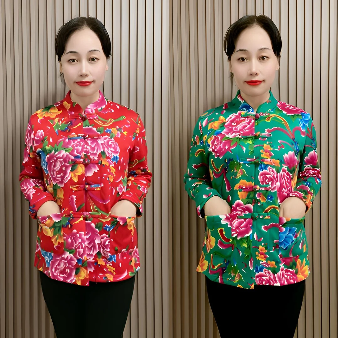 【加绒】新款复古盘扣东北大花弹性开衫1001