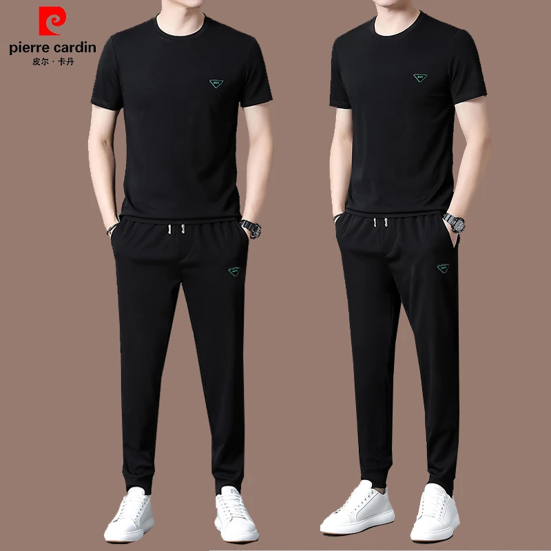 【皮尔卡丹品牌正品】高端桑蚕丝圆领男士休闲运动套装男短袖薄款