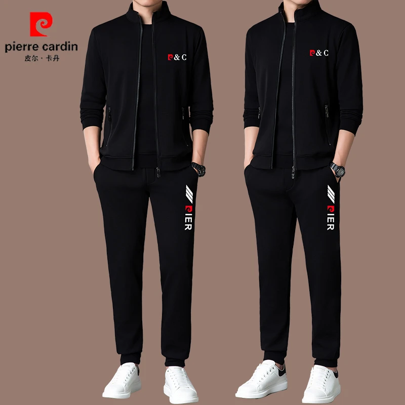 【皮尔卡丹品牌正品】春秋季桑蚕丝男士休闲运动套装高档三件套男装