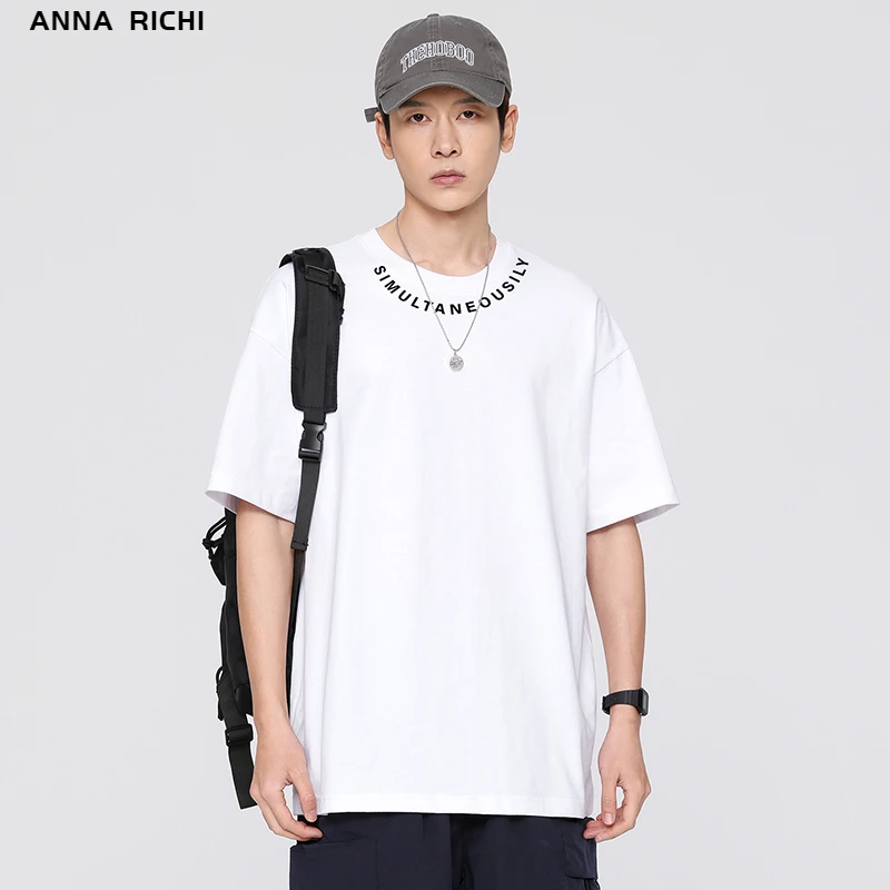 ANNA RICHI休闲宽松字母印花时尚百搭舒适美式简约圆领短袖T恤男