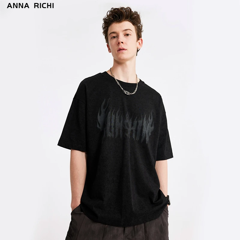 ANNA RICHI男士短袖t恤夏季新款高街美式休闲字母印花宽松半袖款