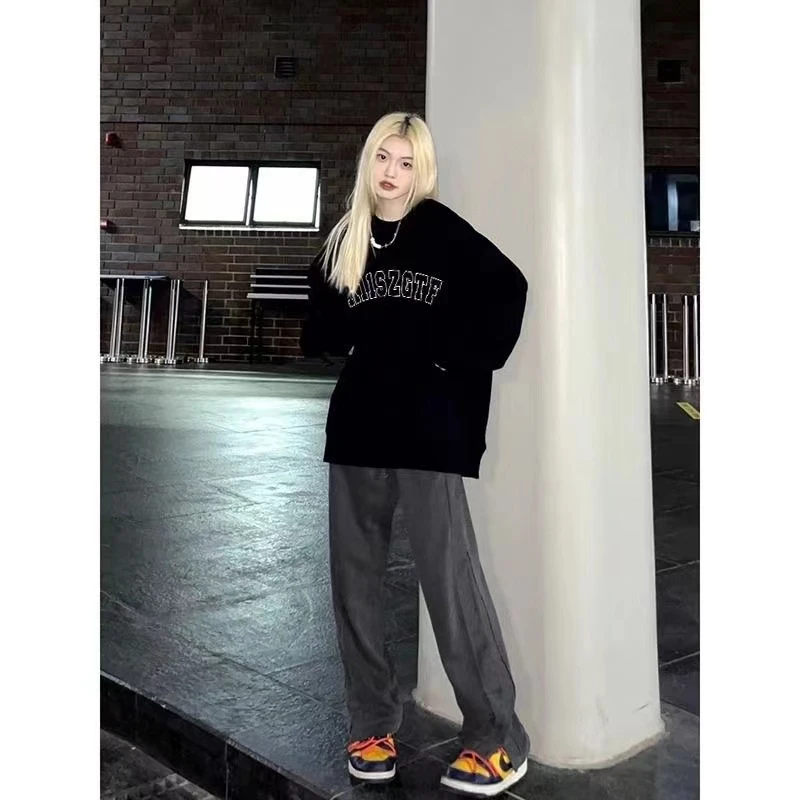 ANNA RICHI大码美式复古黑色无帽卫衣男女秋冬加绒宽松显瘦上衣