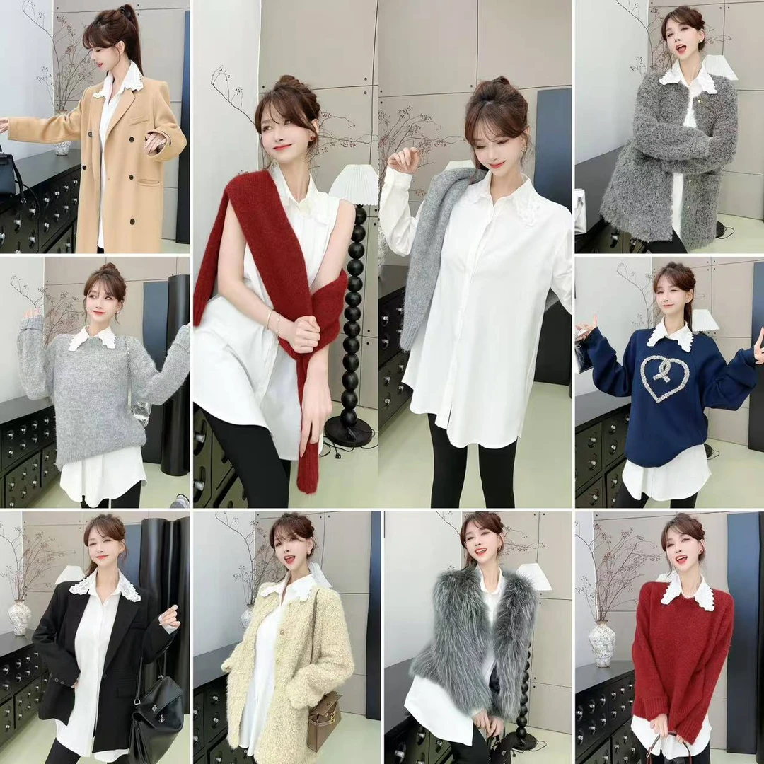 《叠穿神器》翻领蕾丝花边百搭衬衫 （衣长 76）（#8373）（抗皱针织）