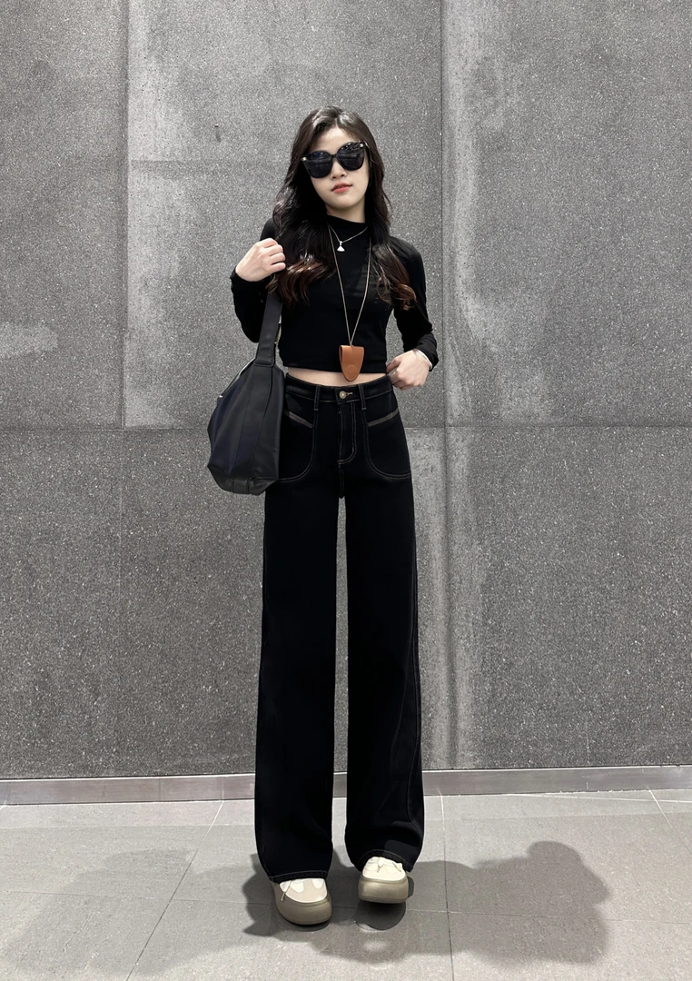 M 秋冬新款纯黑色加绒加厚中高腰显瘦时尚百搭女装窄版直筒牛仔裤