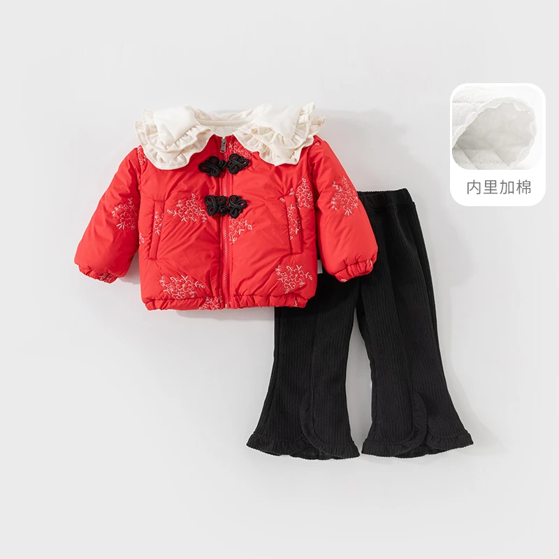 【现货】女宝秋冬加绒夹棉加厚两件套女童国风棉服套装宝宝冬季保暖