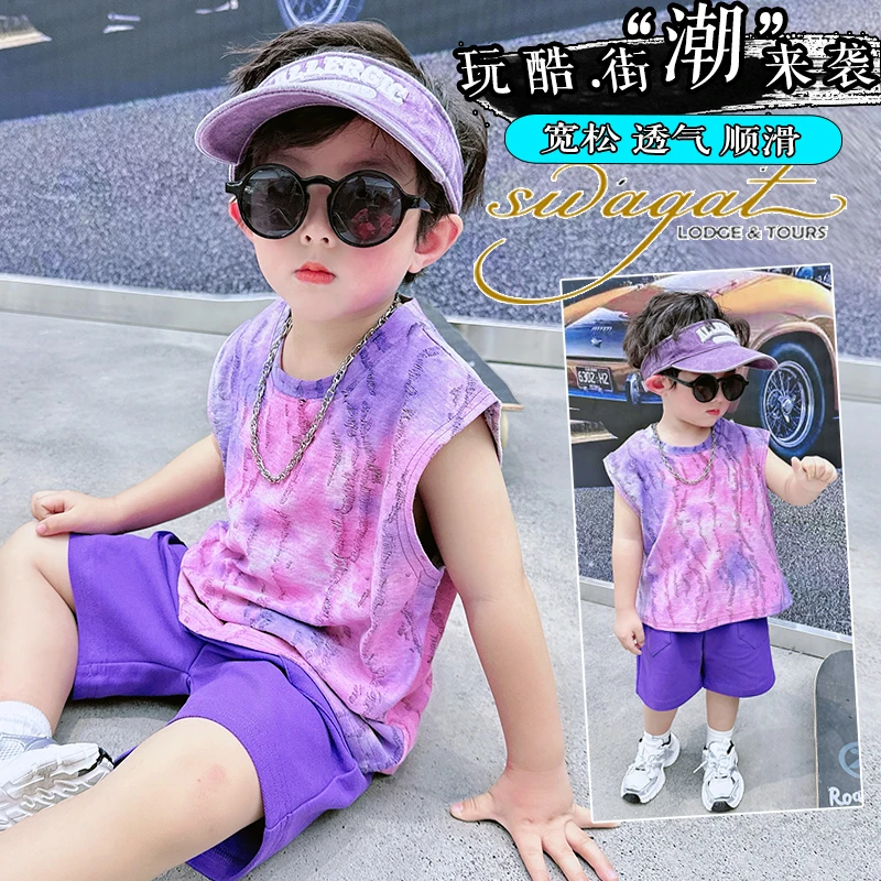 男童夏季洋气薄款套装2024新款中童韩版休闲背心扎染两件套童装