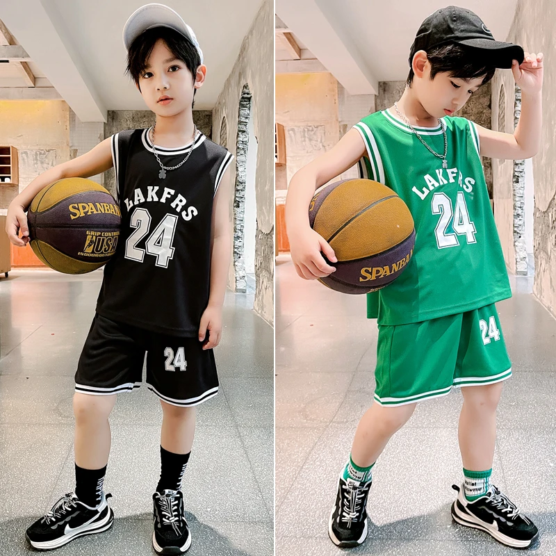 2024新款中大洋气男孩夏季篮球服男童短袖套装运动夏款黑色两件套