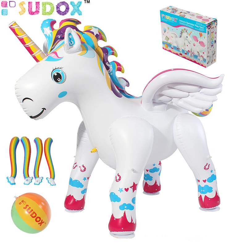 充气喷水独角兽彩虹玩水道具加厚沙滩草坪彩色马新儿童款戏水玩具