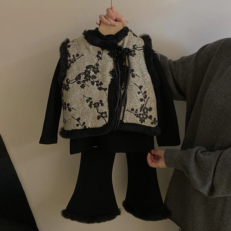 R23747冬季女童新中式印梅花马甲加绒保暖马甲加厚休闲裤子套装潮