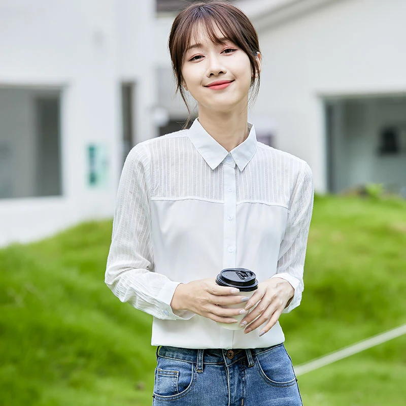 纯棉白色长袖衬衫开衫外搭春秋叠穿通勤穿搭上衣宽松白衬衣外套女