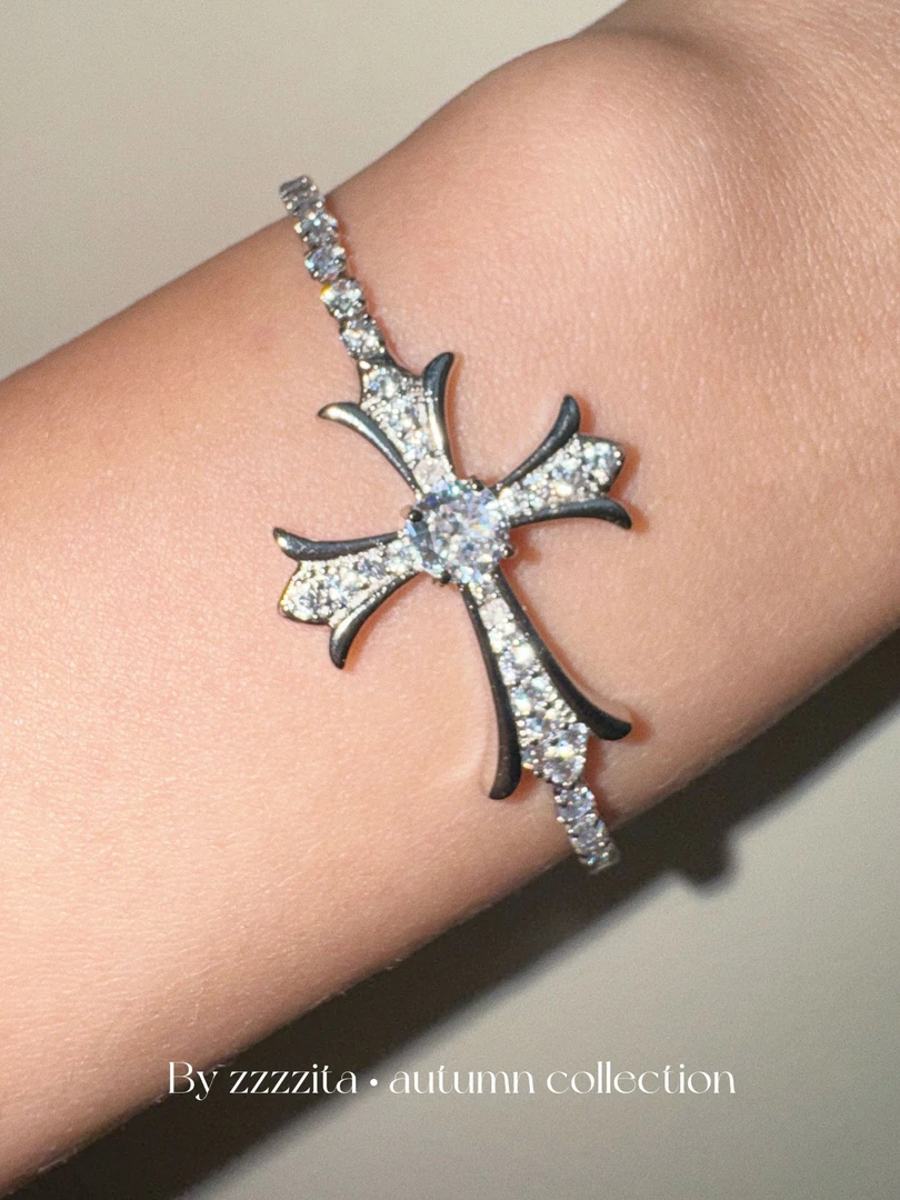 合金合成锆石手链 闪钻十字架抽拉可调节满钻手链百搭设计