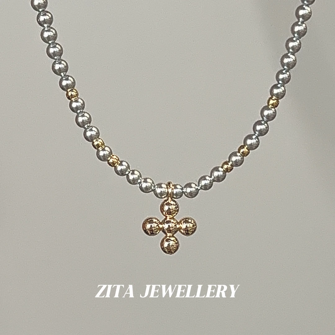 合金项链 金银撞色十字架项链简约百搭锁骨链